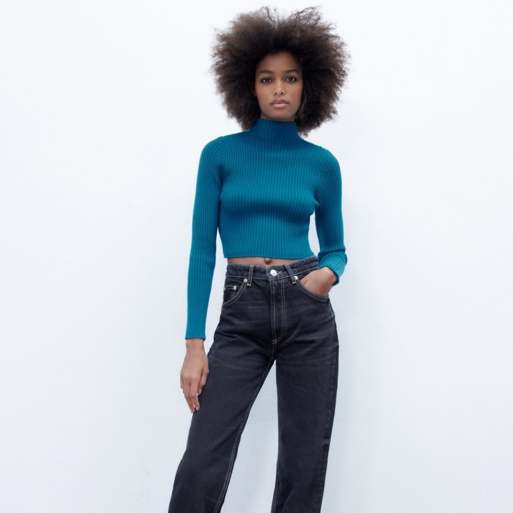 ZARA MOCK NECK CROPPED KNIT SWEATER BLUE